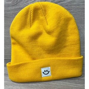 Yellow Beanie Hat Smiley Face Embroidered Cuff Winter Warm